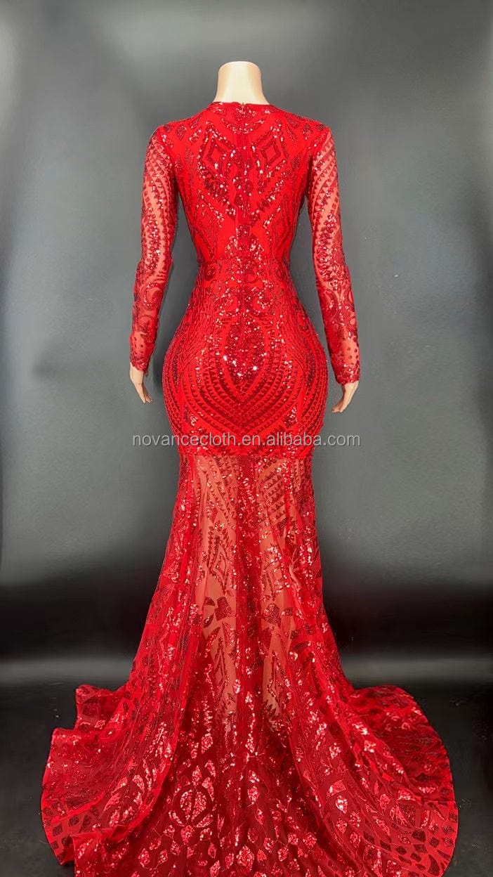 Novance Y2408 Summer 2022 V Neck Sparkling Diamond Sequins Red Fish Tail Dress Bridal Dress Evening Gown For Wedding Party