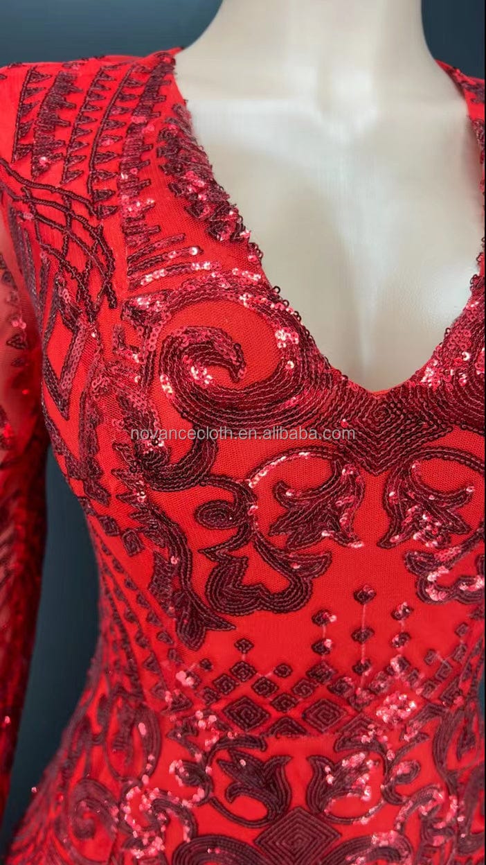 Novance Y2408 Summer 2022 V Neck Sparkling Diamond Sequins Red Fish Tail Dress Bridal Dress Evening Gown For Wedding Party