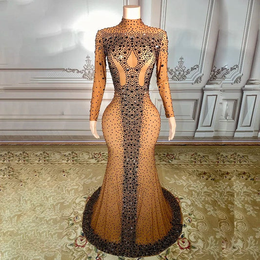 Novance Y2976 Productos Para El 2024 Long Sleeves High Neck Rhinestone Formal Dress for Women Elegant Plus Size Crystal Beads