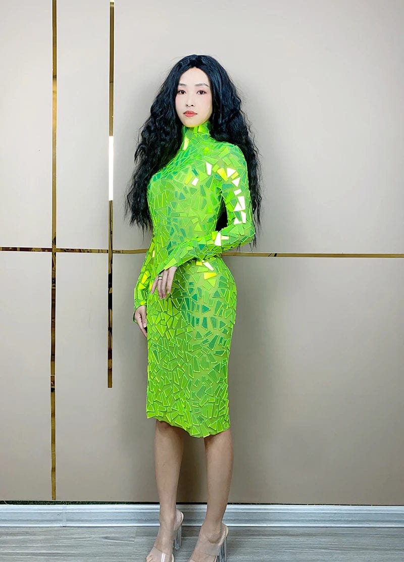 Novance Y3329 Dress 2024 High Neck Long Sleeves ladies Short Wedding Dresses Green Shiny Bodycon Dress Women Elegant