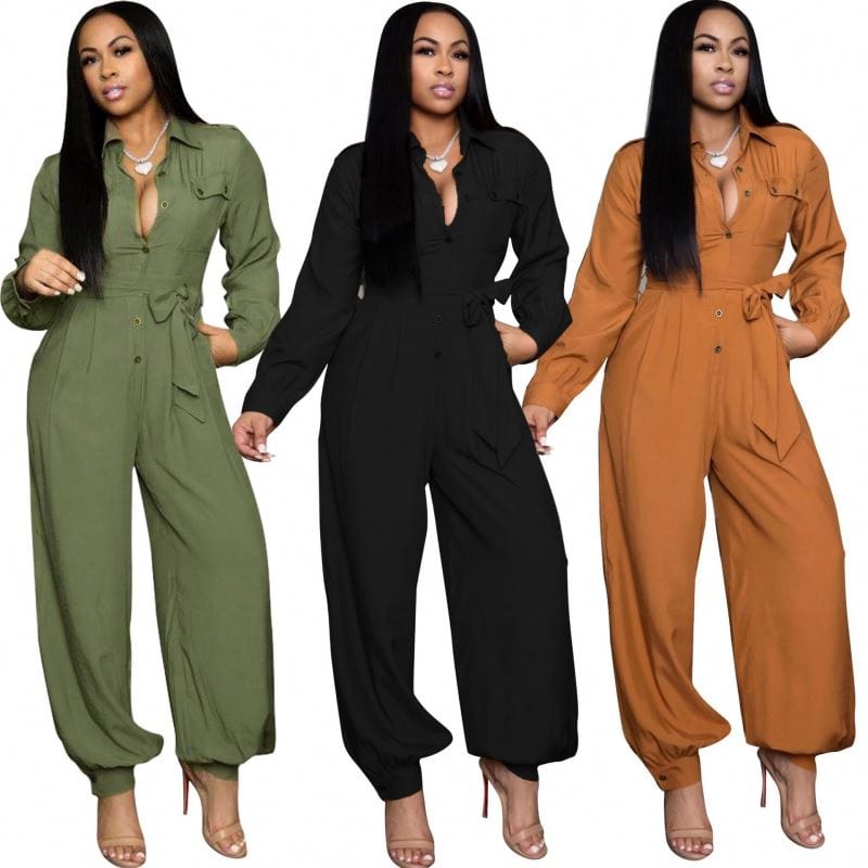 OCS Fall 2022 Women Clothes Loose Tie High Waisted Jumpsuit Long Sleeve Olive Green Jumpsuit For Women With Buttons