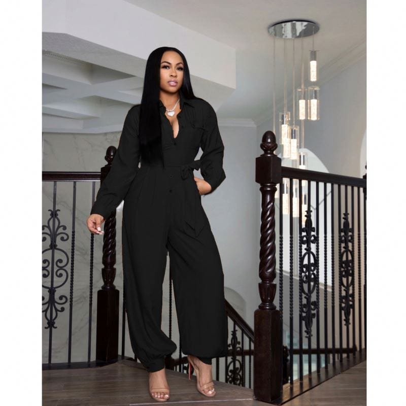 OCS Fall 2022 Women Clothes Loose Tie High Waisted Jumpsuit Long Sleeve Olive Green Jumpsuit For Women With Buttons