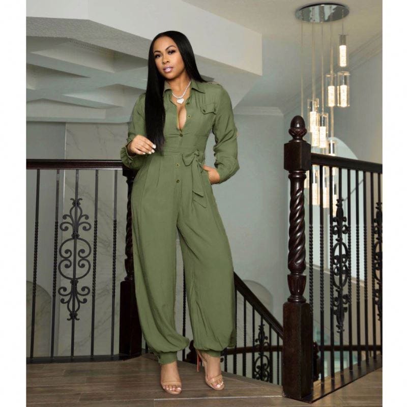 OCS Fall 2022 Women Clothes Loose Tie High Waisted Jumpsuit Long Sleeve Olive Green Jumpsuit For Women With Buttons
