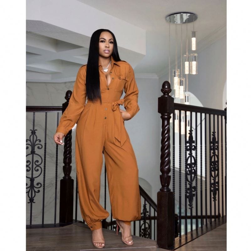 OCS Fall 2022 Women Clothes Loose Tie High Waisted Jumpsuit Long Sleeve Olive Green Jumpsuit For Women With Buttons