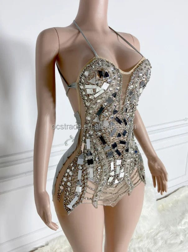 Ocstrade New Style Sparkly Rhinestone Night Club Party Dress Sequined Halter Sexy Open Back Lace Up Bodycon Mini Prom Dress