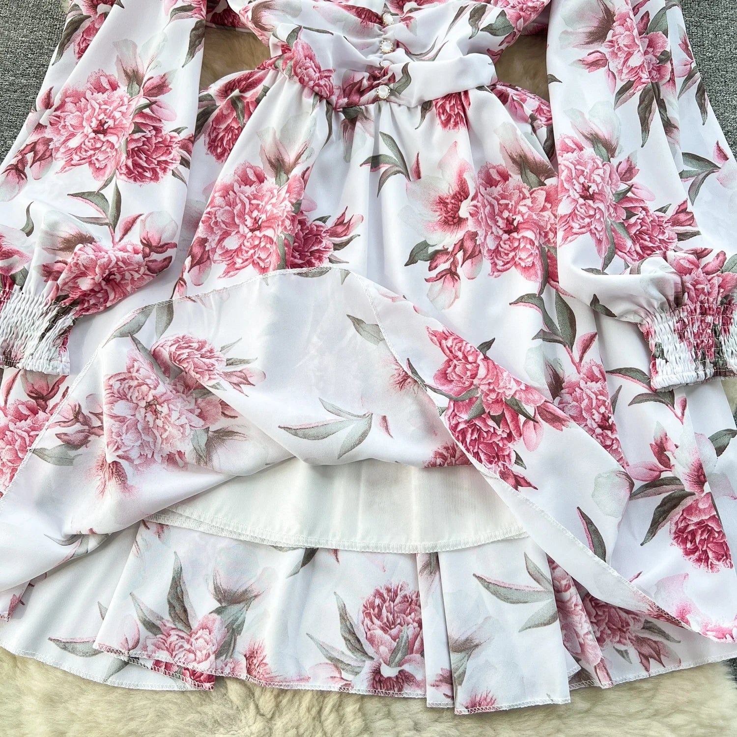 Oem Designer Custom Women's Clothing Ladies Elegant Long Sleeve Deep V Neck Dress Floral Print Chiffon Mini Dresses For Women -