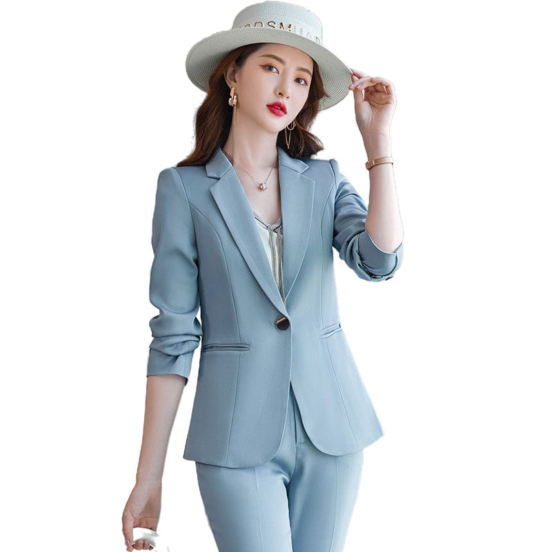OEM High-Quality 2 Piece Set Blue Formal Fashion Pant Suit Blazer with Pockets Office Lady Women Jacket and Trousers Plus size