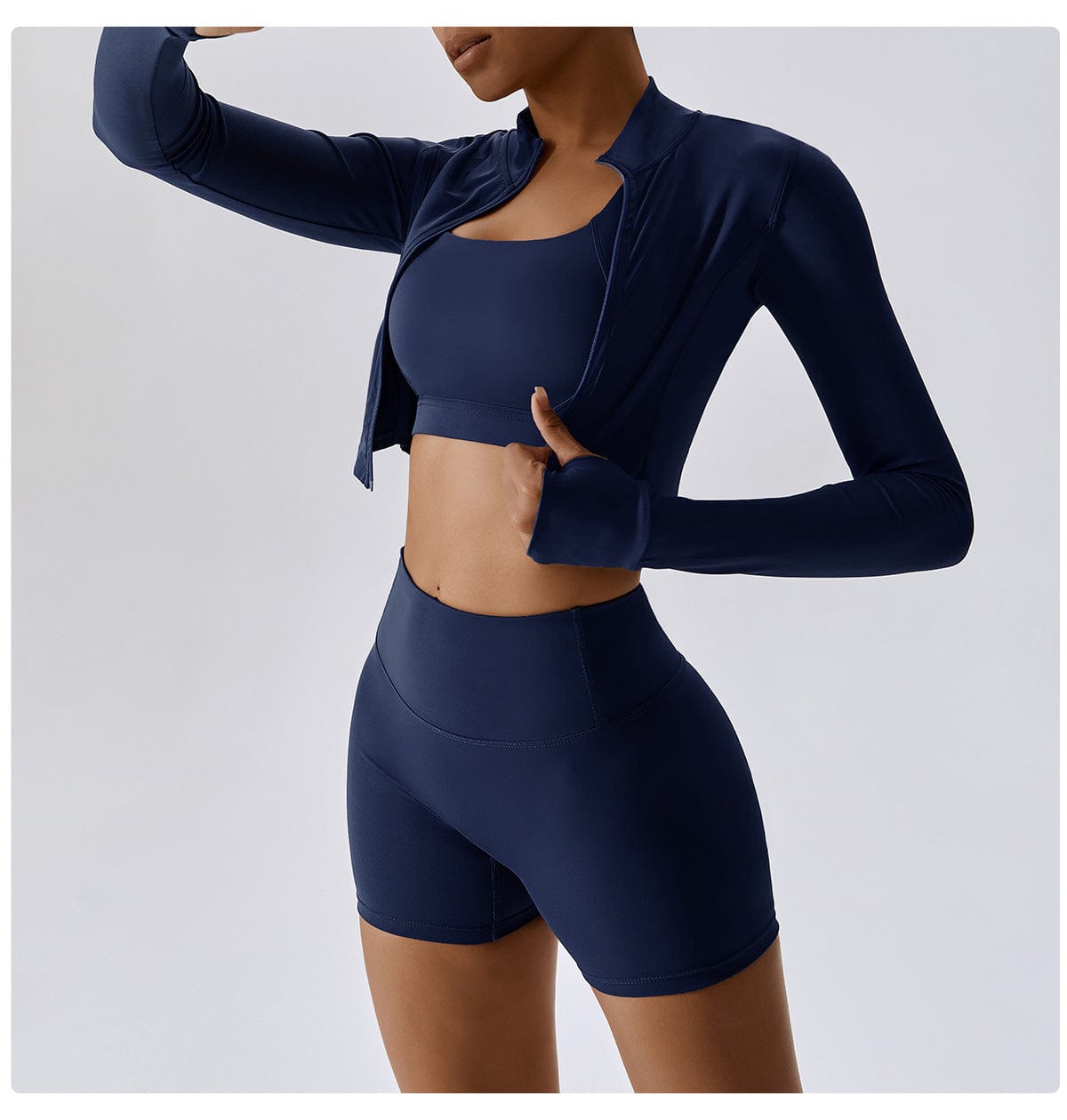 OEM Workout outfits 3 pieces outdoor sports lulu naked tight yoga top jacket high waist shorts three pieces fitness yoga sets