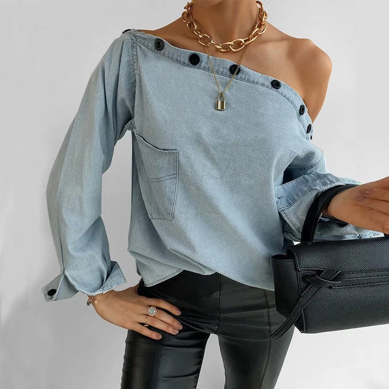 Off Shoulder Button Womens Blouse Elegant Women Slash Neck Long Sleeve Denim Shirt Tops Cheap Clothing Wholesale Bulk Ladies Top