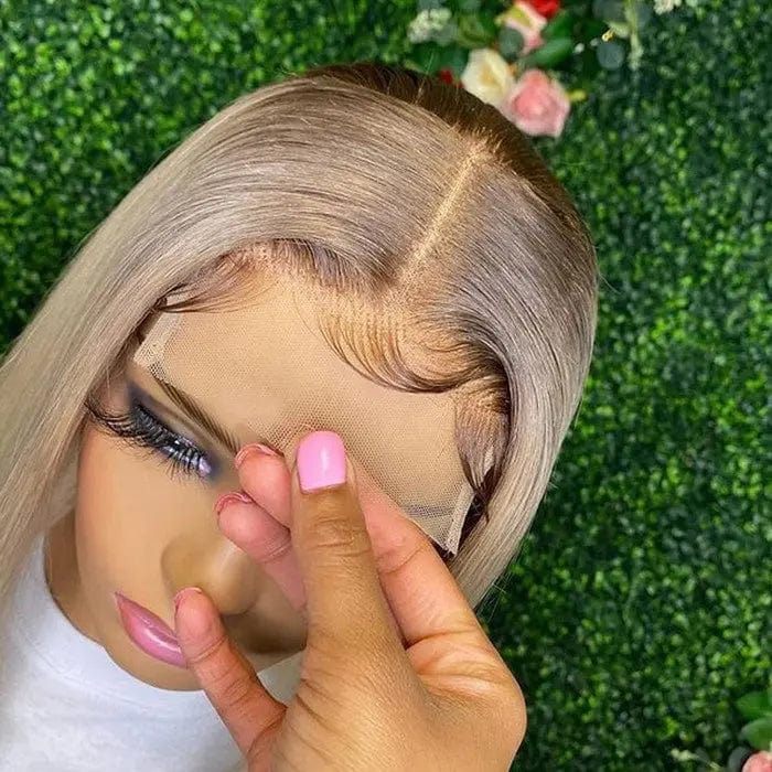Ombre Ash Color Silky Straight Middle Part Pre-Plucked Short Bob Hair Transparent 13*4 Lace Front Wig