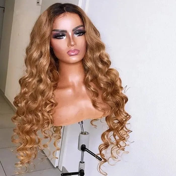 Ombre Brown Color Loose Wave Long Brazilian Middle Part Human Hair Wig Density 130%150%180% 13*6 Lace Front Wig