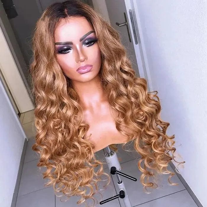 Ombre Brown Color Loose Wave Long Brazilian Middle Part Human Hair Wig Density 130%150%180% 13*6 Lace Front Wig