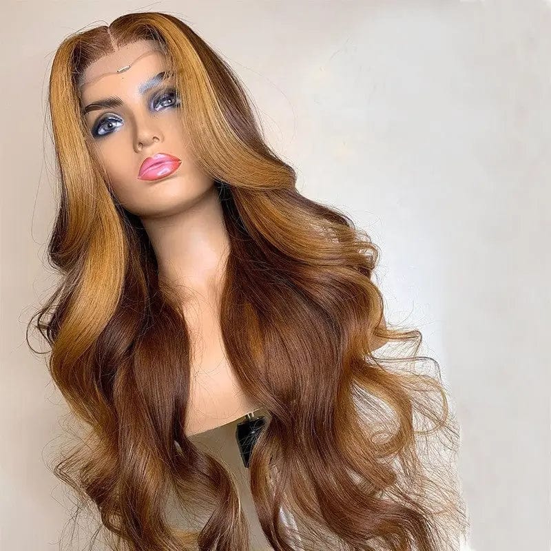 Ombre Honey Brown Color Highlight Body Wave Full Mink Pre Plucked Cuticle Aligned Human Hair Lace Front Wigs