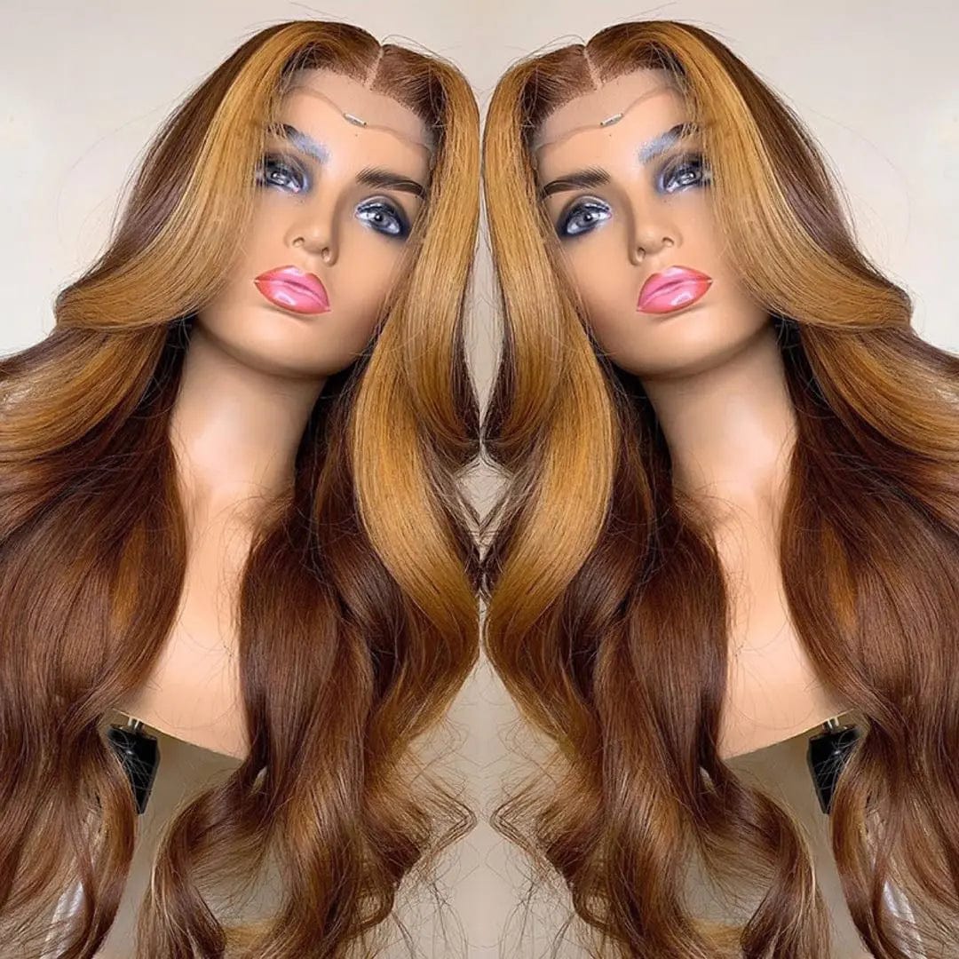 Ombre Honey Brown Color Highlight Body Wave Full Mink Pre Plucked Cuticle Aligned Human Hair Lace Front Wigs