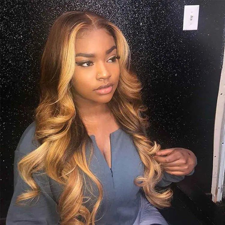 Ombre Honey Brown Color Highlight Body Wave Full Mink Pre Plucked Cuticle Aligned Human Hair Lace Front Wigs
