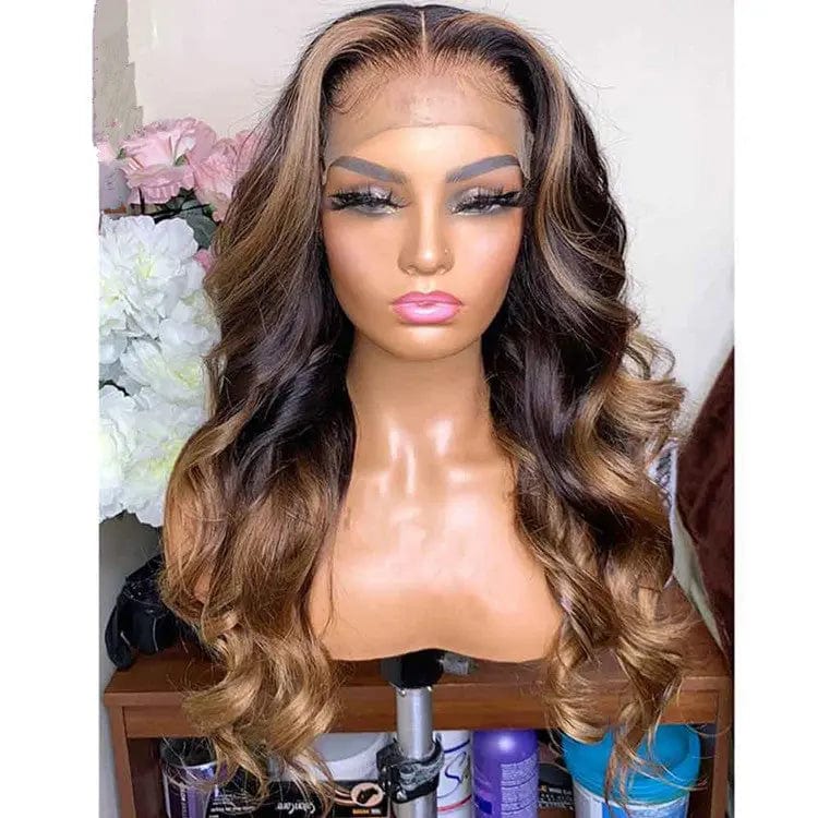 Ombre Honey Brown Color Highlight Body Wave Full Mink Pre Plucked Cuticle Aligned Human Hair Lace Front Wigs