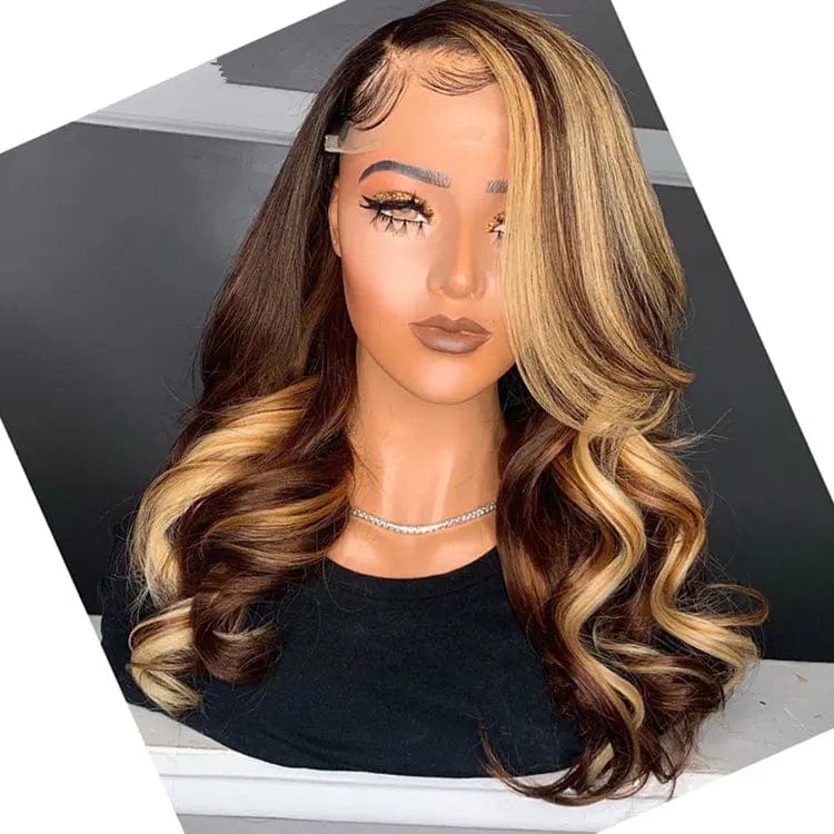 Ombre Honey Brown Color Highlight Body Wave Full Mink Pre Plucked Cuticle Aligned Human Hair Lace Front Wigs