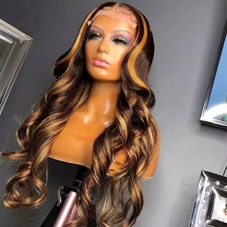 Ombre Honey Brown Color Highlight Body Wave Full Mink Pre Plucked Cuticle Aligned Human Hair Lace Front Wigs