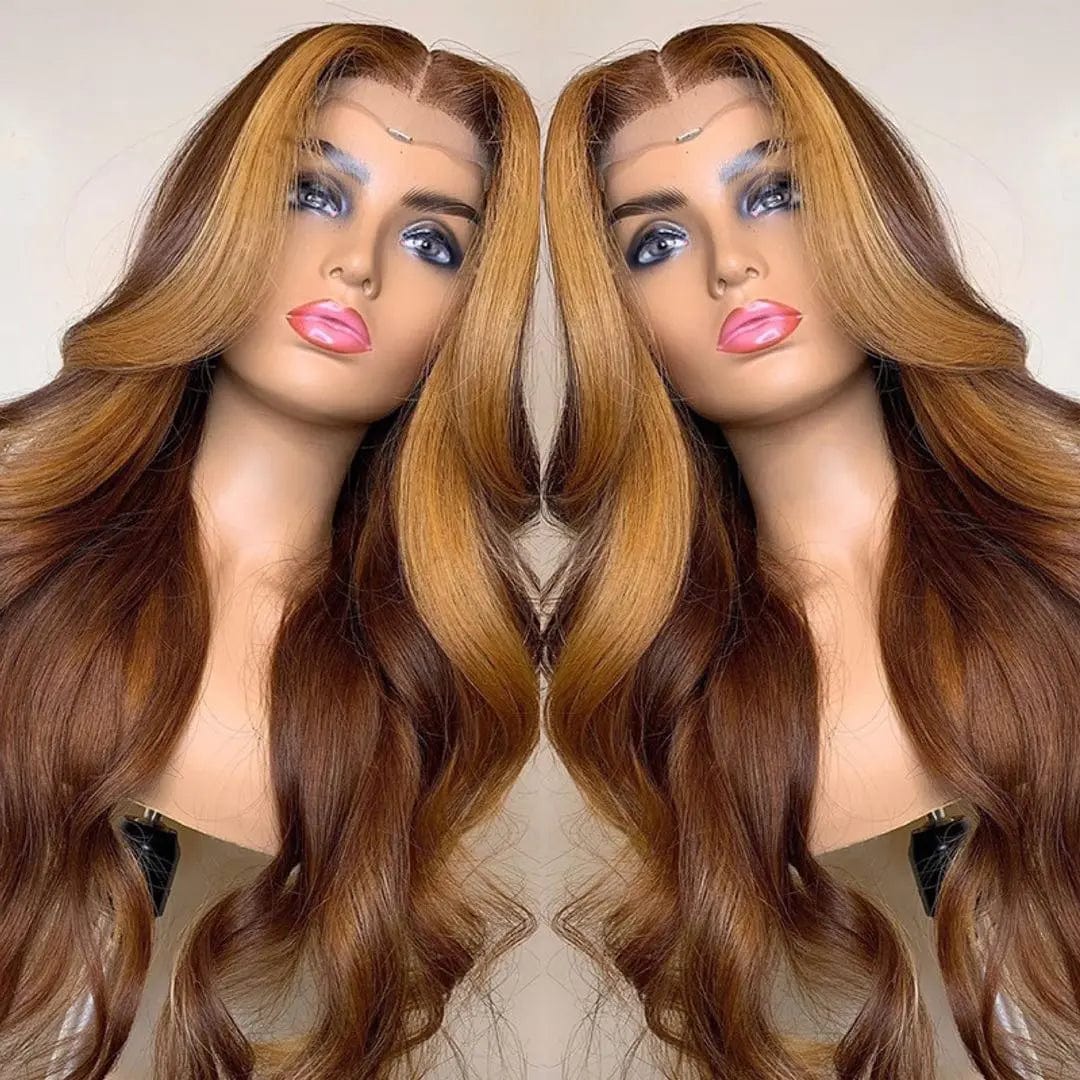 Ombre Honey Brown Color Highlight Body Wave Full Mink Pre Plucked Cuticle Aligned Human Hair Lace Front Wigs