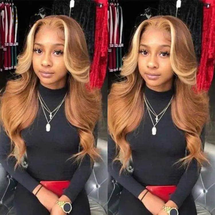 Ombre Honey Brown Color Highlight Body Wave Full Mink Pre Plucked Cuticle Aligned Human Hair Lace Front Wigs