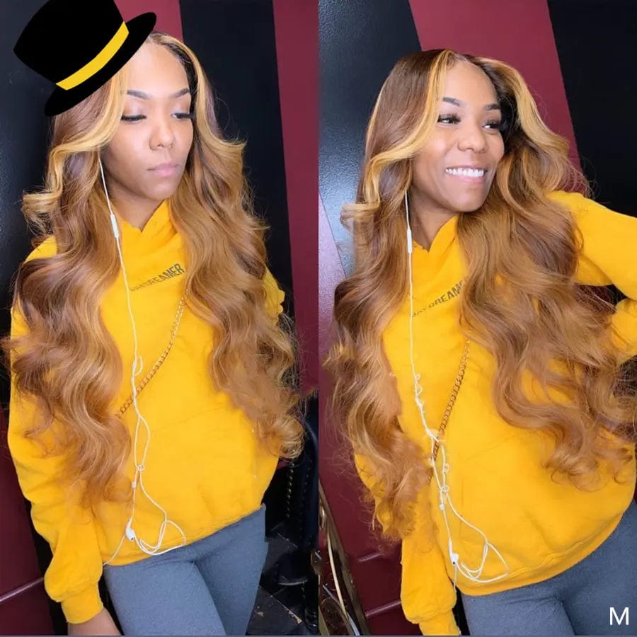 Ombre Honey Brown Color Highlight Body Wave Full Mink Pre Plucked Cuticle Aligned Human Hair Lace Front Wigs