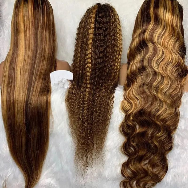Ombre Honey Brown Color Highlight Body Wave Full Mink Pre Plucked Cuticle Aligned Human Hair Lace Front Wigs