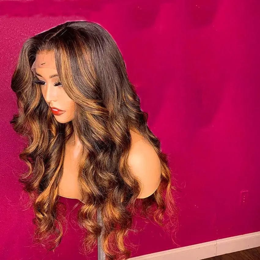 Ombre Honey Brown Color Loose Wave Middle Part Brazilian Virgin 100% Human Hair Lace Front Wigs