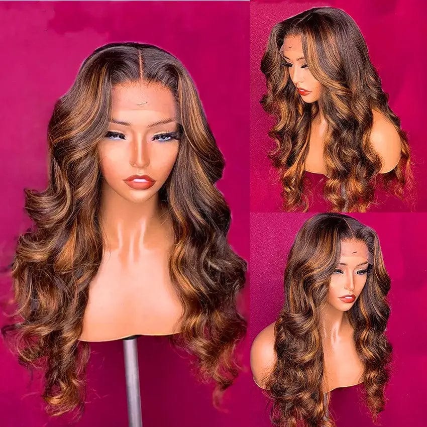 Ombre Honey Brown Color Loose Wave Middle Part Brazilian Virgin 100% Human Hair Lace Front Wigs