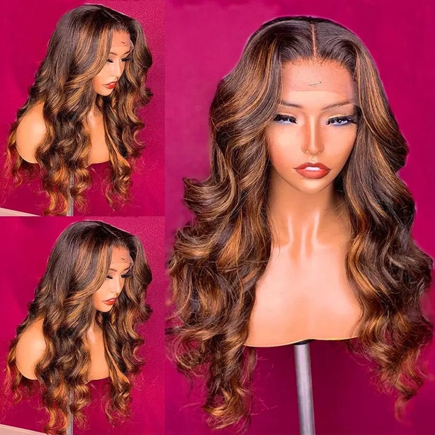 Ombre Honey Brown Color Loose Wave Middle Part Brazilian Virgin 100% Human Hair Lace Front Wigs