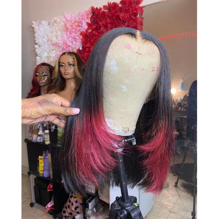 Ombre Red Color Bob Cuticle Aligned Human Hair Bleach Knots Transparent Lace Front Wigs