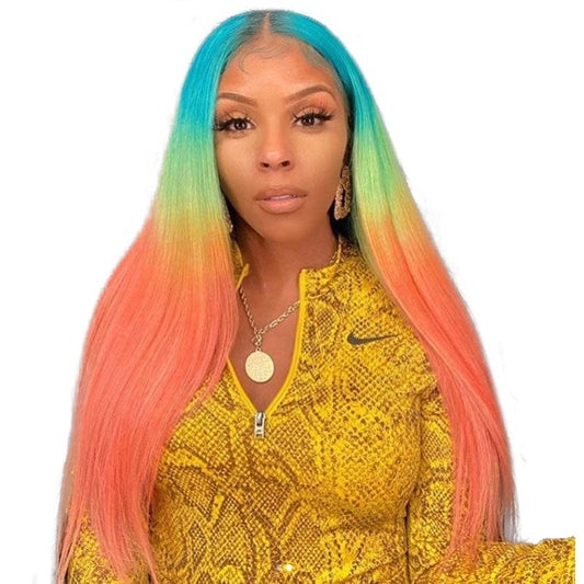 Ombre Wigs Human Hair Lace Front Blue Yellow Orange Rainbow Straight Frontal Lace Wig