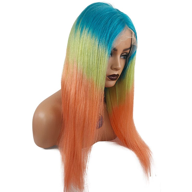 Ombre Wigs Human Hair Lace Front Blue Yellow Orange Rainbow Straight Frontal Lace Wig