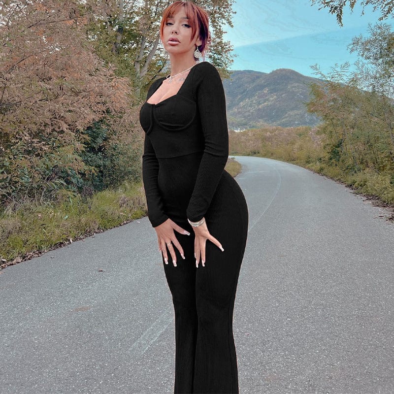 one piece S / Black 10633 Long Sleeve Square Collar Knitting Stretchy One Piece Winter Jumpsuit 2022 New Bodysuit Wholesale Casual Women Clothes