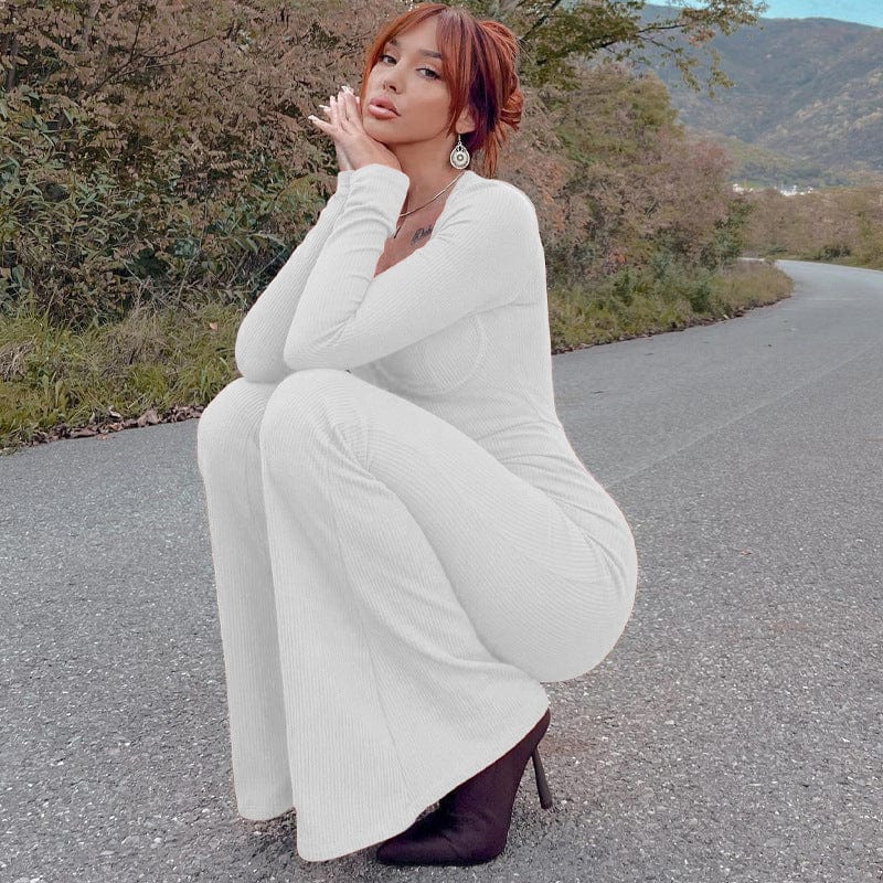 one piece S / White 10633 Long Sleeve Square Collar Knitting Stretchy One Piece Winter Jumpsuit 2022 New Bodysuit Wholesale Casual Women Clothes