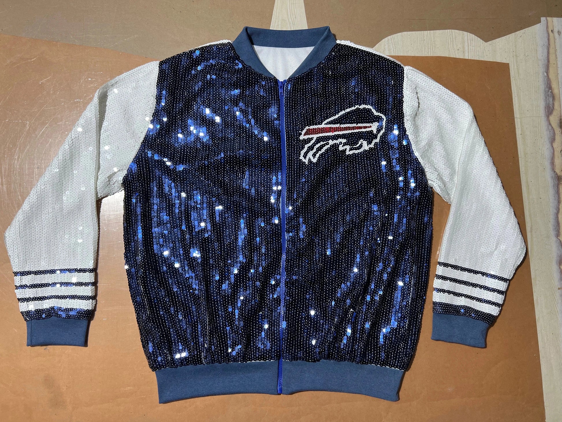one size / 1 custom nfl bills stand-up collar fashion short zipper coat sequins girl's plus size sports uniform women sequins jacket