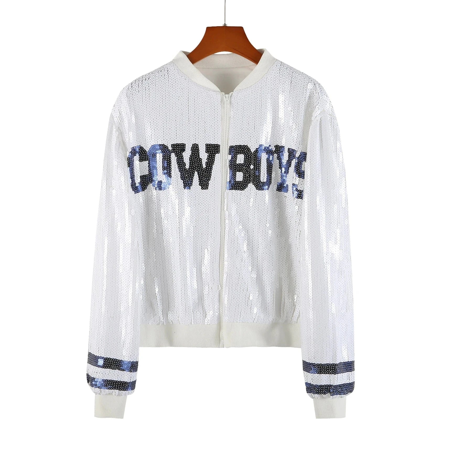 one size / 1 custom nfl white cowboys stand-up collar sequins girl's plus size sports baseball uniform women sequins jacket