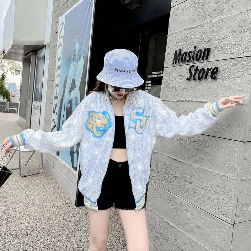 one size / 1 custom stand-up collar southern jaguars zipper coat sequins girl's plus size sports uniform women sequins jacket