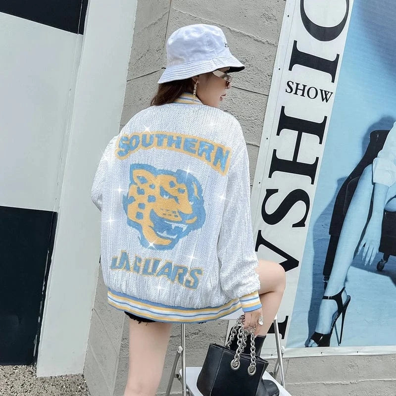 one size / 1 custom stand-up collar southern jaguars zipper coat sequins girl's plus size sports uniform women sequins jacket
