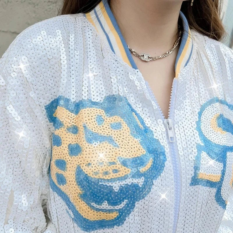 one size / 1 custom stand-up collar southern jaguars zipper coat sequins girl's plus size sports uniform women sequins jacket