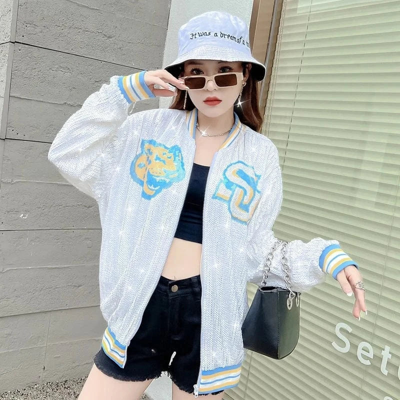 one size / 1 custom stand-up collar southern jaguars zipper coat sequins girl's plus size sports uniform women sequins jacket