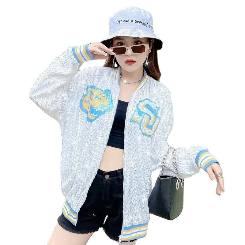 one size / 1 custom stand-up collar southern jaguars zipper coat sequins girl's plus size sports uniform women sequins jacket