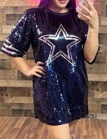one size / 1 new design nfl Style dark Blue Party Dresses Sequin Dallas Cowboys fashion casual dress Women sequins long t shirt dress