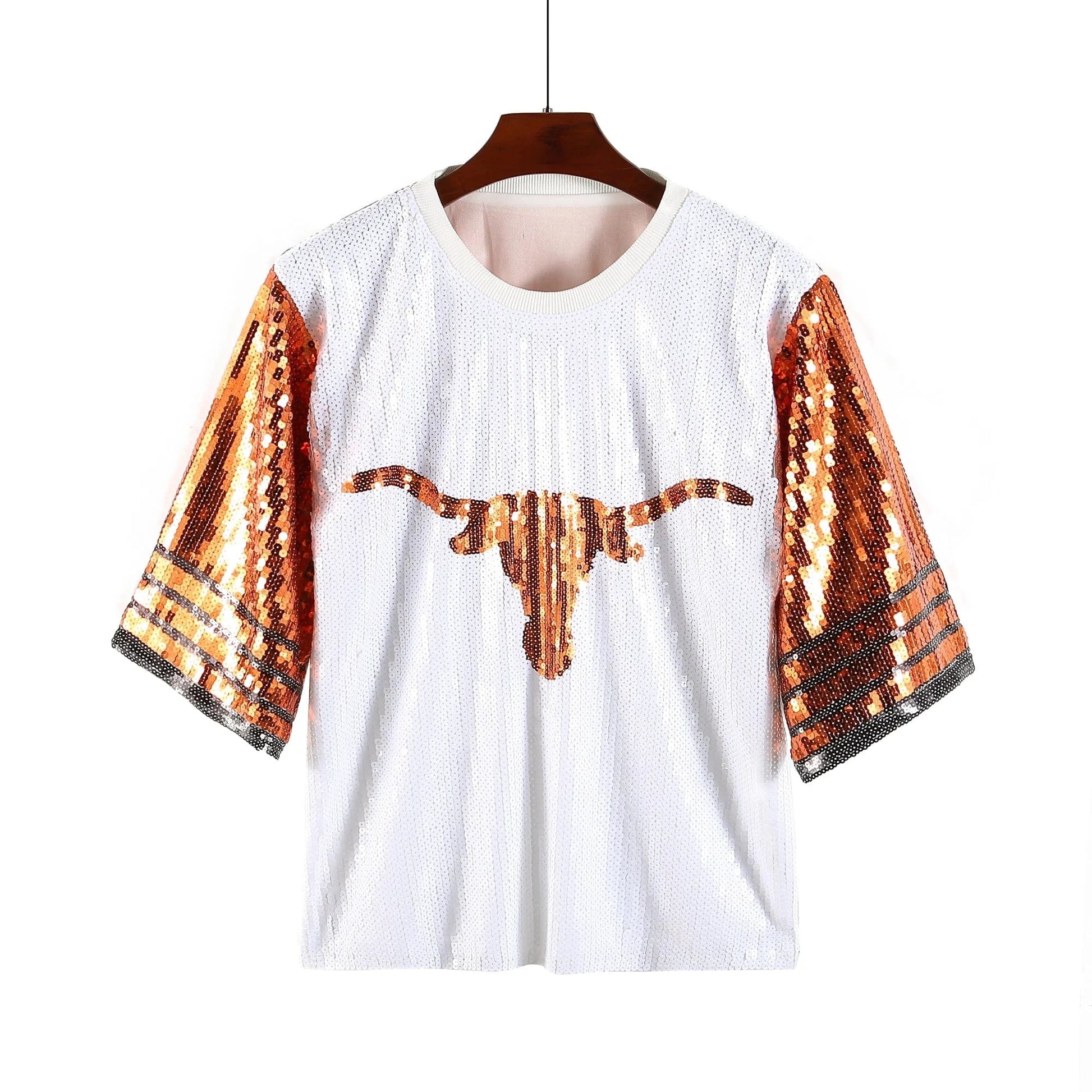 one size / 1 / Polyester Oversize plus size longhorn Women Casual Fashion Bling Sequins T-Shirts Girl's Sexy Loose Short Sleeve sequins t shirt