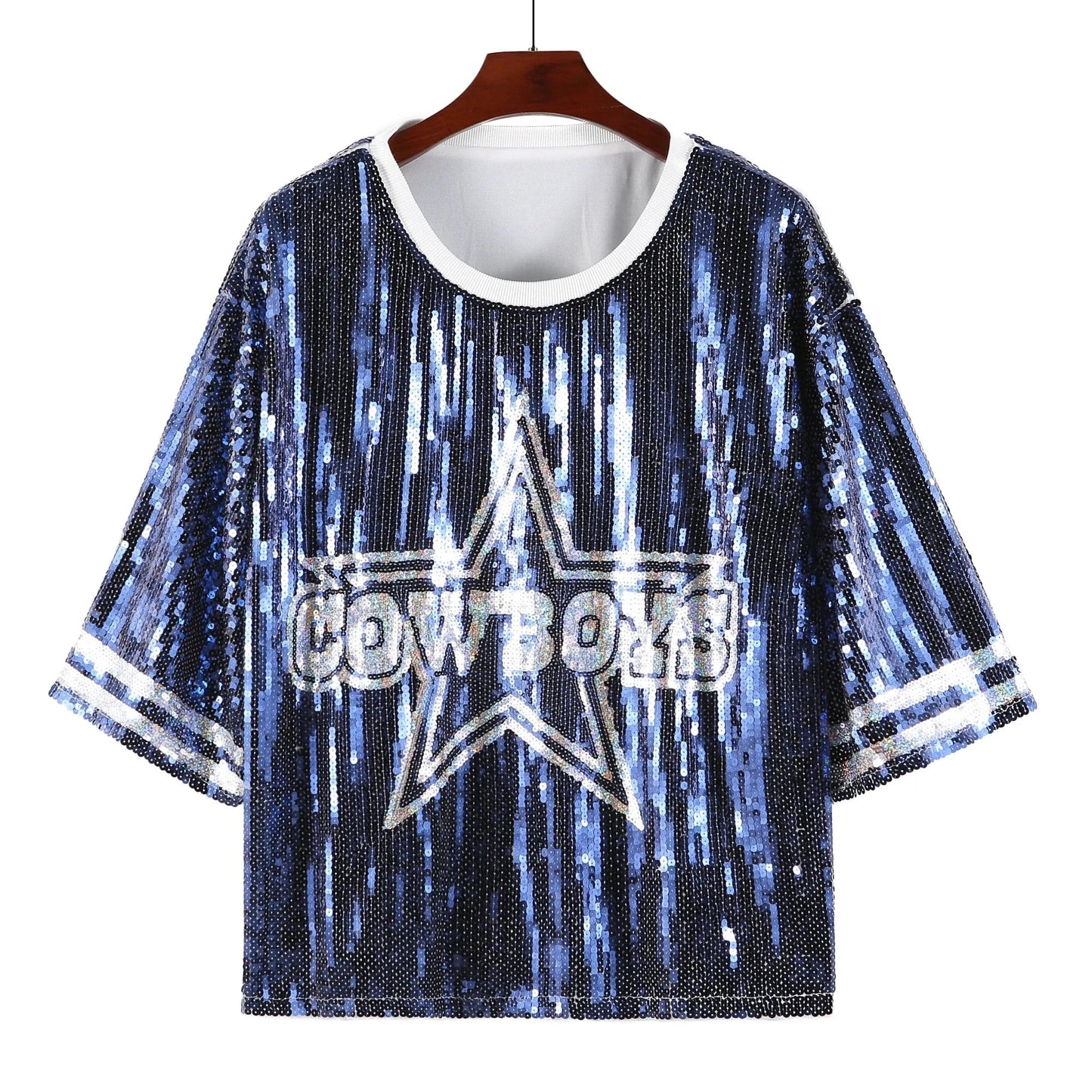 one size / 1 / Polyester Oversize plus size Nfl cowboys Women Casual Fashion Bling Sequins T-Shirts Girl's Sexy Loose Short Sleeve sequins t shirt