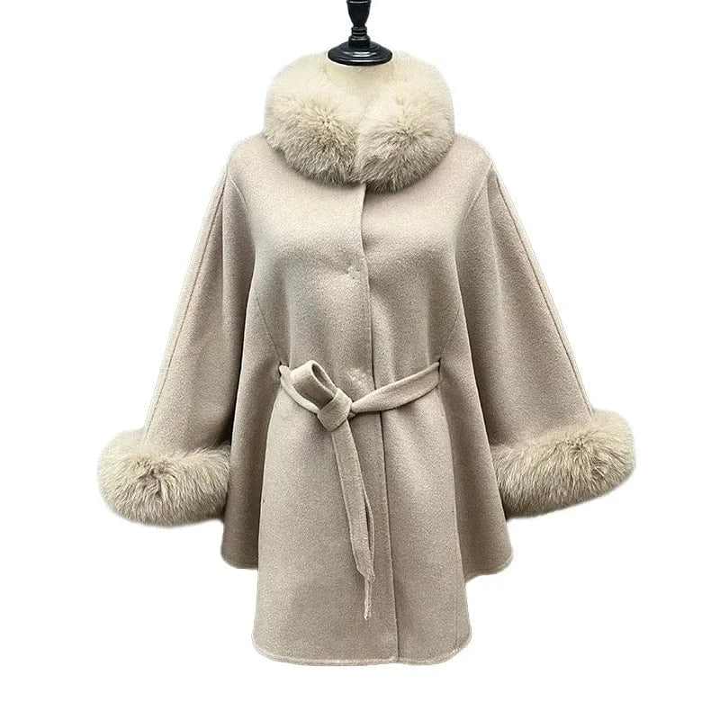 One Size / Beige Winter Fashion Solid Color Poncho Women Fox Fur Collar Cuffs Cape Coat with Belt