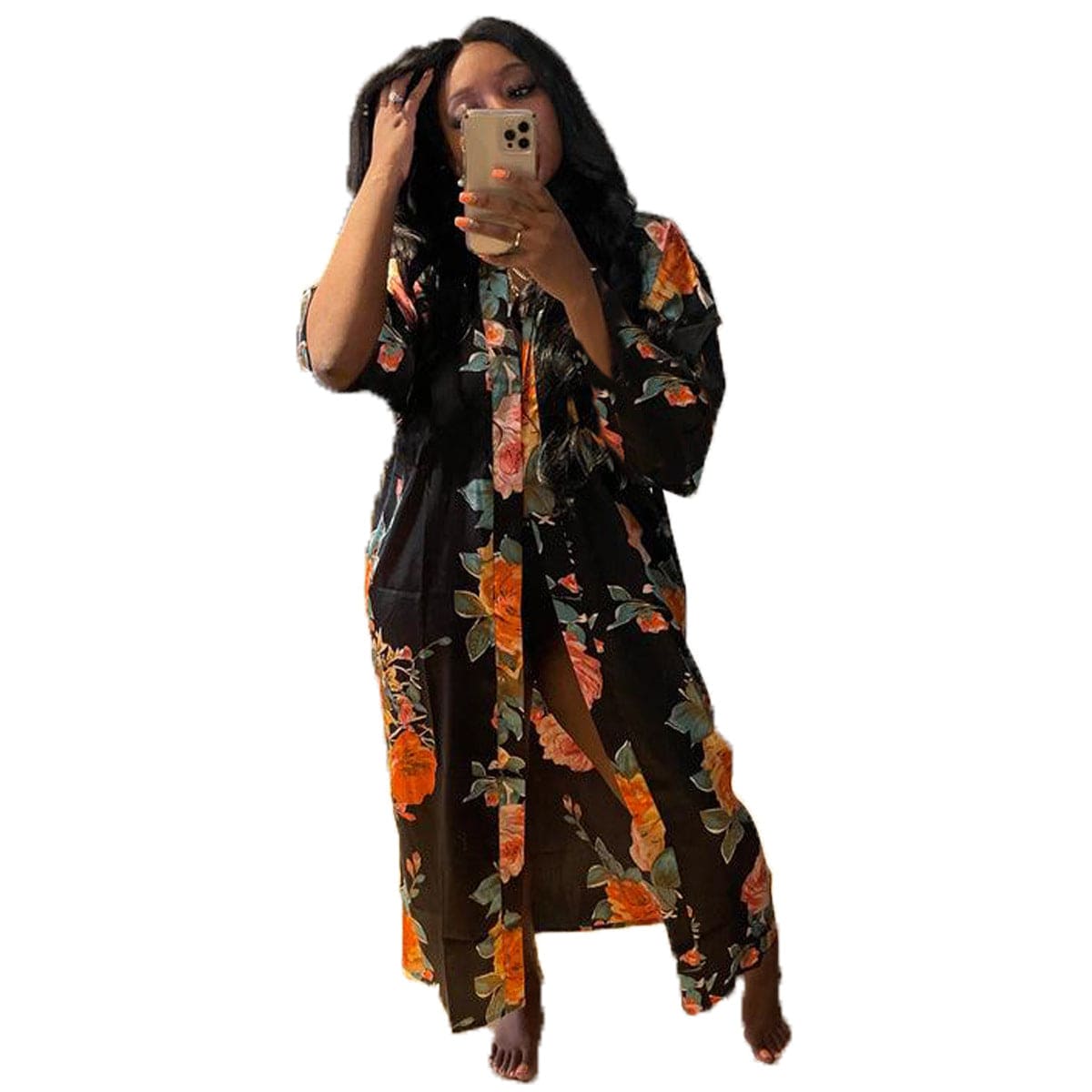 One Size / black 2022 Fall Imitated Silk Fabric Casual Long Cardigan With Belt African Clothing Amazon Hot Women's Floral Print Kimono Cardigan