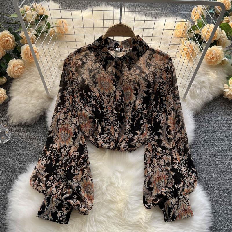 One Size / black orange 2022 spring new retro contrast color printing loose puff sleeve shirt women