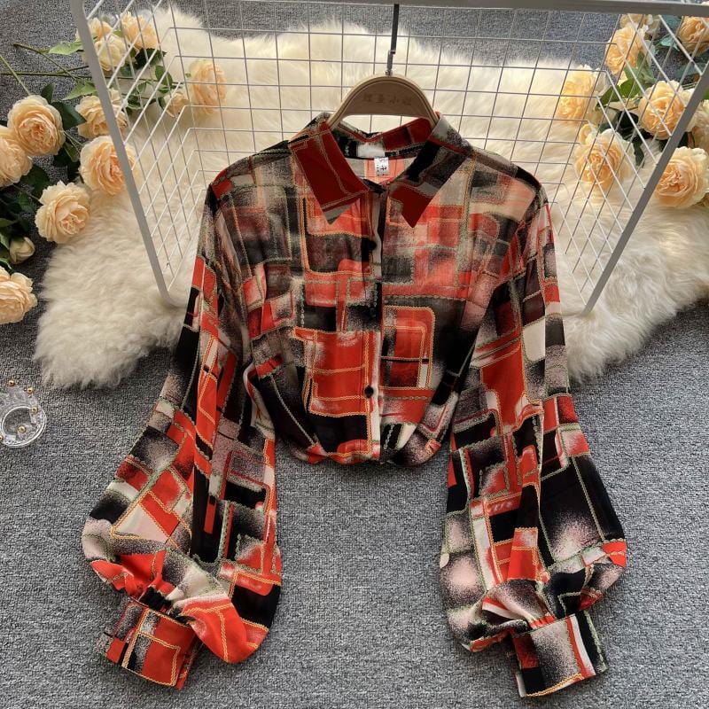 One Size / black red 2022 spring new retro contrast color printing loose puff sleeve shirt women