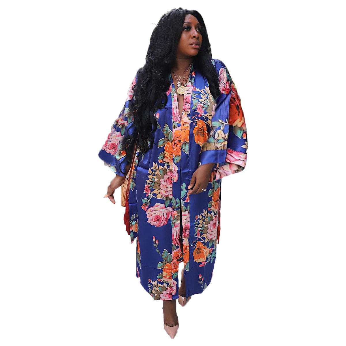 One Size / Blue 2022 Fall Imitated Silk Fabric Casual Long Cardigan With Belt African Clothing Amazon Hot Women's Floral Print Kimono Cardigan