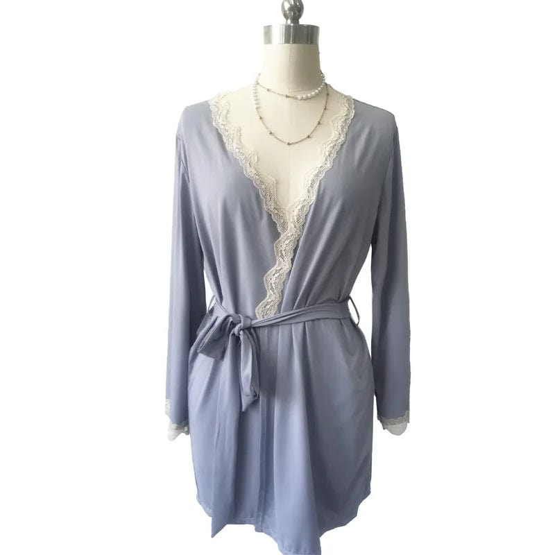 One size fun lace nightgown Deep V-strap women's sexy Floral pajamas Large size bathrobe set